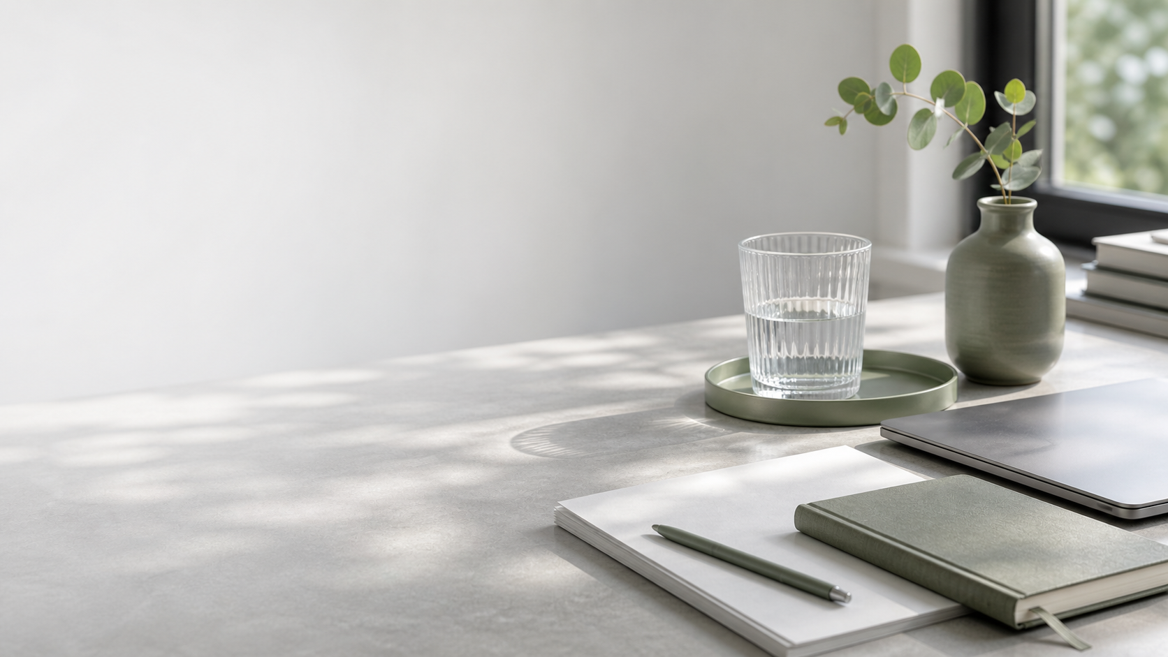 Helle Schreibtischszene mit Glas, Papier und Pflanze als Symbol für strukturierte diagnostische Einordnung